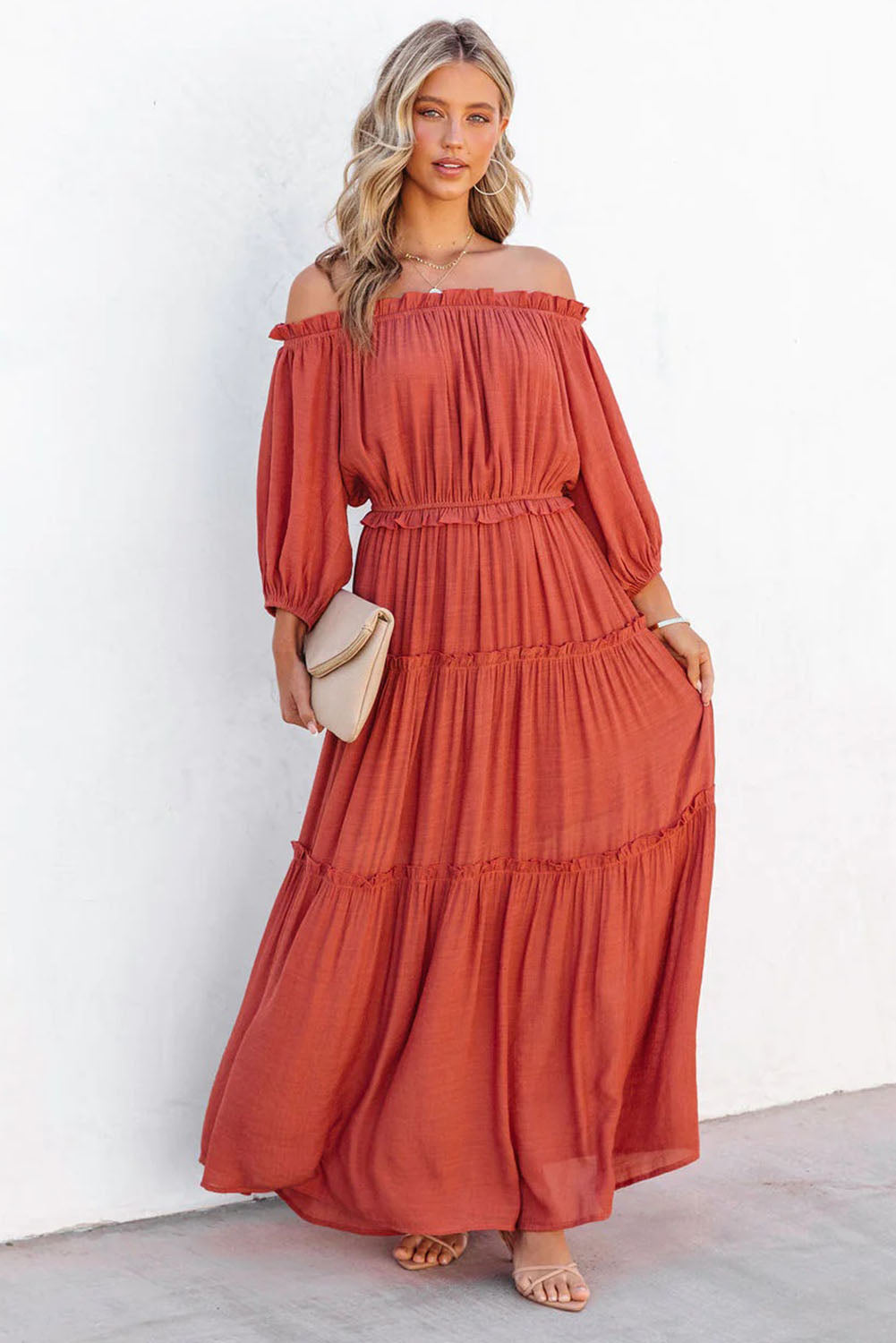 Orange Off Shoulder Balloon Sleeve Cutout Ruffled Maxi Dress - Premium Dresses from Momma Done Gone Crafty- Just $54.99! Shop now at Momma Done Gone Crafty