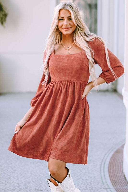 Brown Suede Square Neck Puff Sleeve Dress - Premium Dresses from Momma Done Gone Crafty- Just $44.99! Shop now at Momma Done Gone Crafty