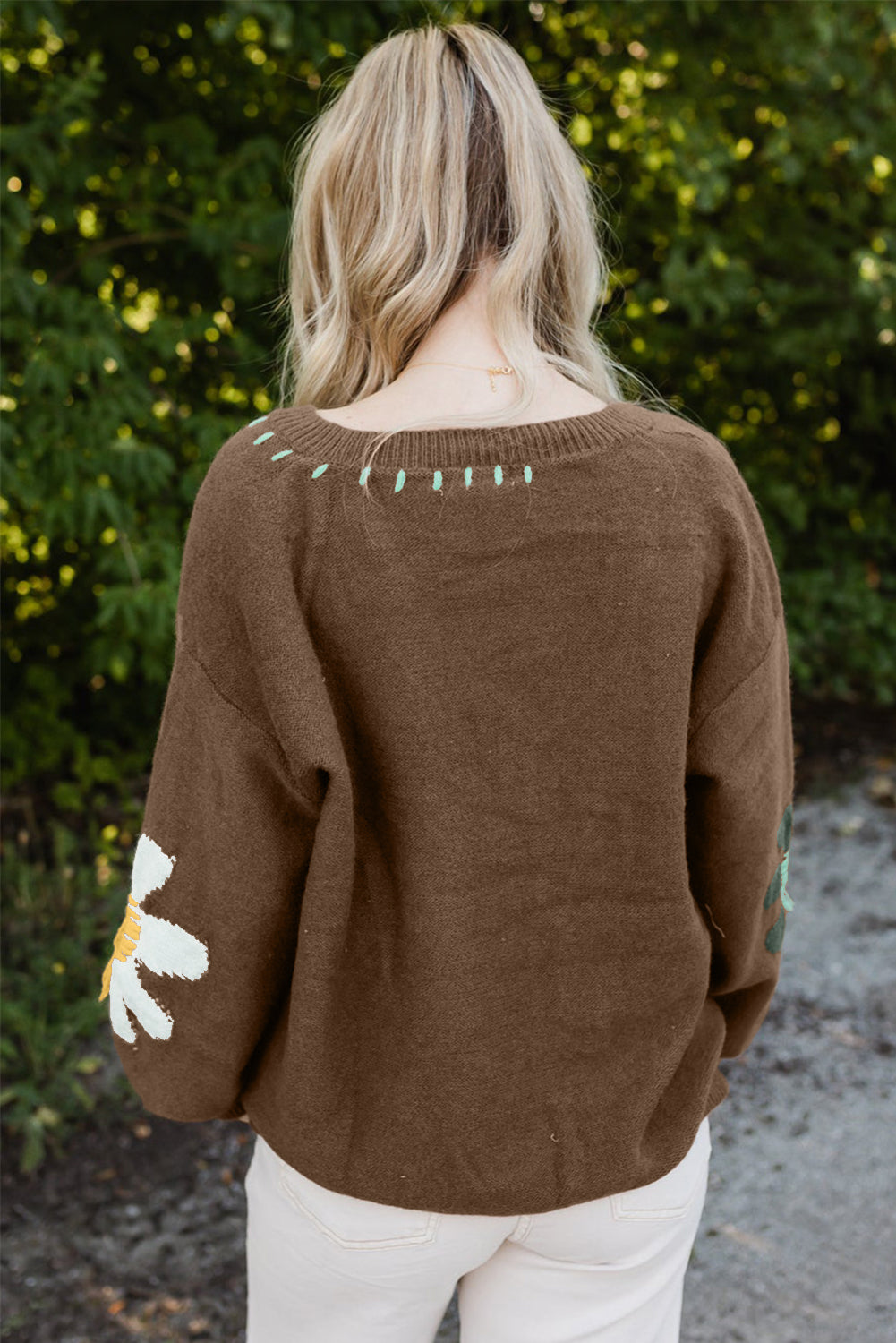 Coffee Big Flower Pattern V Neck Drop Shoulder Sweater - Premium Sweaters & Cardigans/Sweaters from Ashes 2 Wildflowers Boutique, LLC- Just $39.28! Shop now at Ashes 2 Wildflowers Boutique, LLC