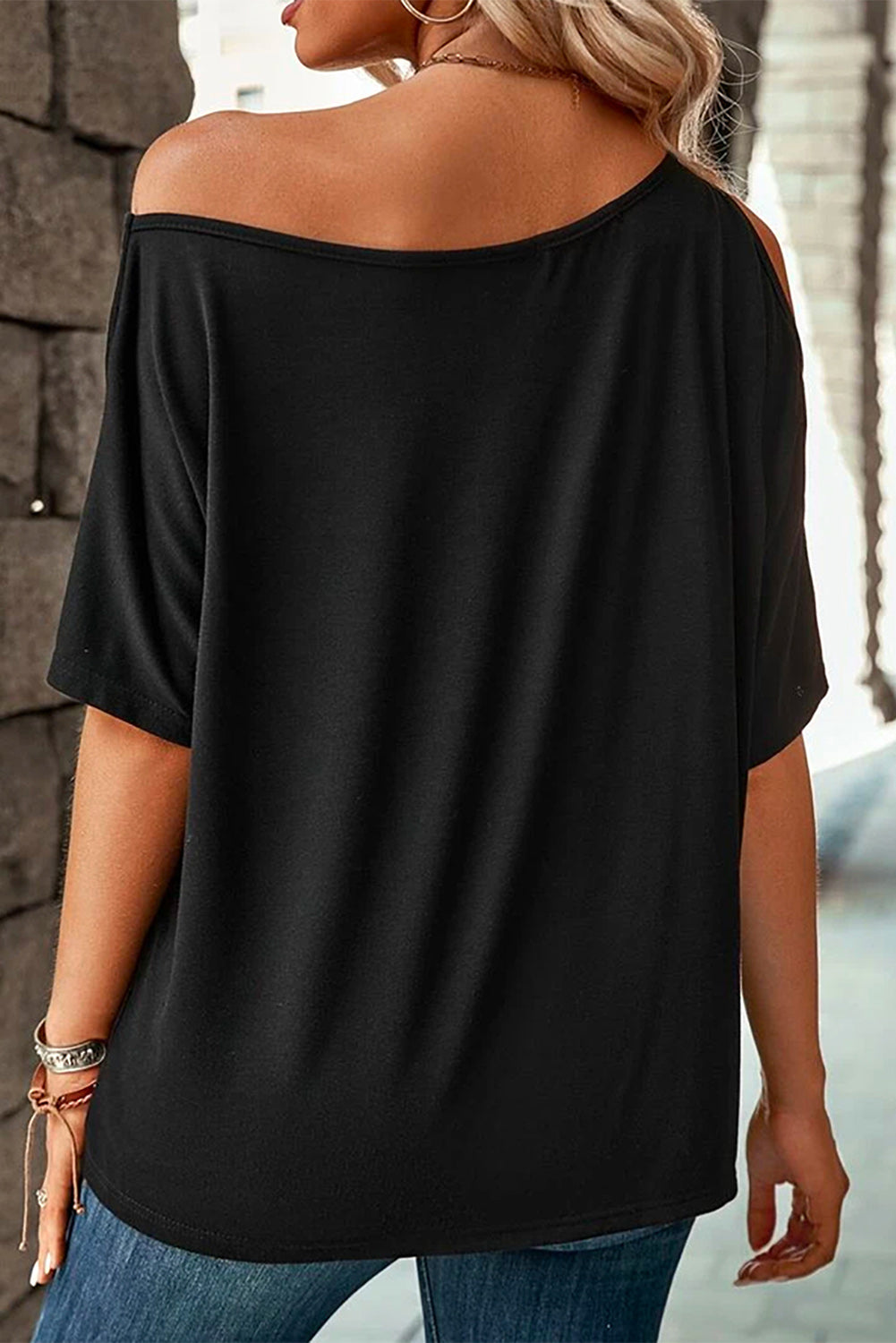 Black Solid Asymmetrical Neck Loose Casual T-Shirt - Premium Tops/Tops & Tees from Momma Done Gone Crafty- Just $18.99! Shop now at Momma Done Gone Crafty