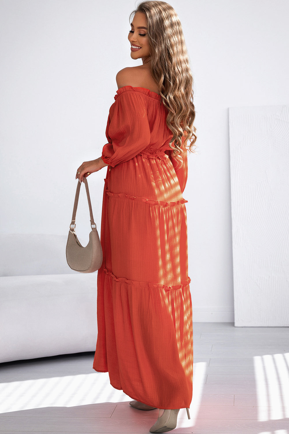 Orange Off Shoulder Balloon Sleeve Cutout Ruffled Maxi Dress - Premium Dresses from Momma Done Gone Crafty- Just $54.99! Shop now at Momma Done Gone Crafty