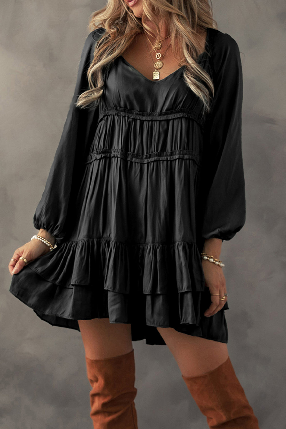 Black Tiered Ruffled Puff Sleeve Loose Fit Mini Dress - Premium Dresses/Mini Dresses from Momma Done Gone Crafty- Just $68! Shop now at Momma Done Gone Crafty