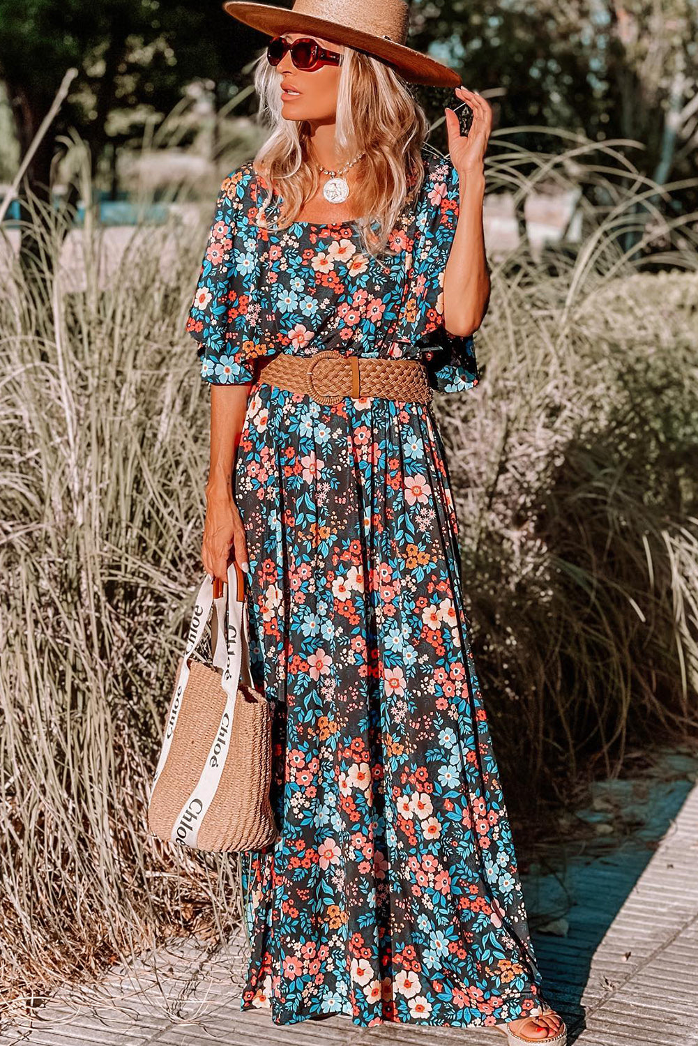 Sky Blue Floral Knotted Back Square Neck Maxi Dress - Premium Dresses/Floral Dresses from Momma Done Gone Crafty- Just $36.09! Shop now at Momma Done Gone Crafty