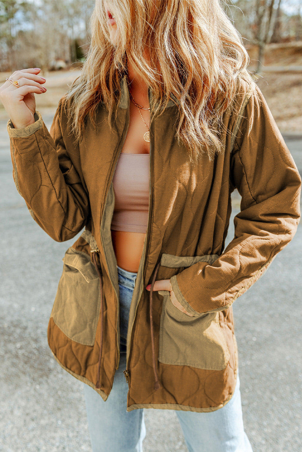 Brown Stitching Quilted Drawstring Jacket - Premium Outerwear from Momma Done Gone Crafty- Just $65.94! Shop now at Momma Done Gone Crafty