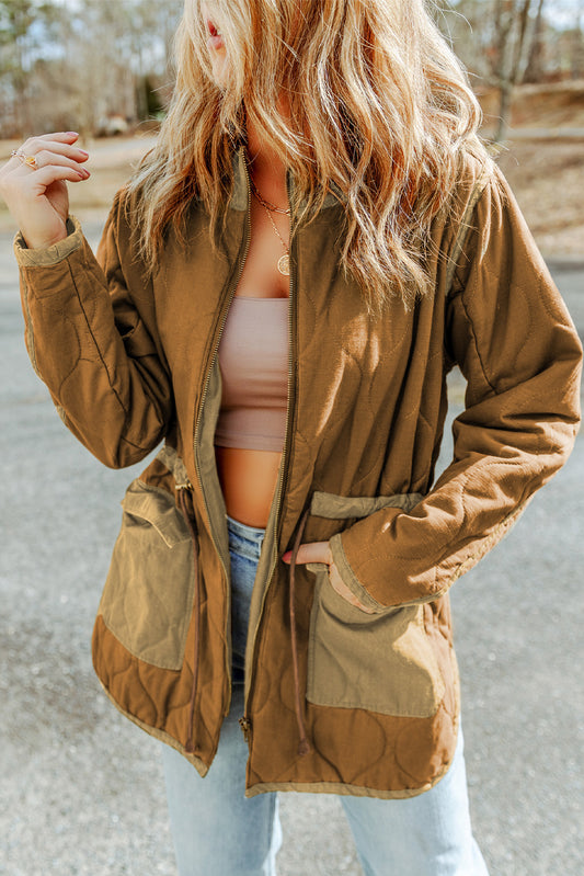 Brown Stitching Quilted Drawstring Jacket - Premium Outerwear from Momma Done Gone Crafty- Just $65.94! Shop now at Momma Done Gone Crafty