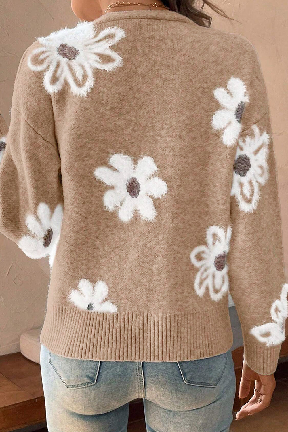 Smoke Gray Floral Print V Neck Knitted Button up Cardigan - Premium Sweaters & Cardigans/Cardigans from Momma Done Gone Crafty- Just $33.60! Shop now at Momma Done Gone Crafty