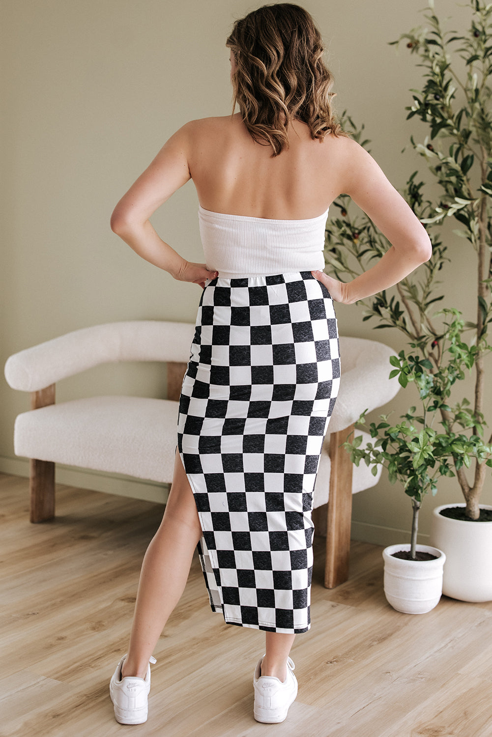 White Checkered Print Side Slit High Waist Midi Skirt - Premium Bottoms/Skirts & Petticoat from Ashes 2 Wildflowers Boutique, LLC- Just $9.60! Shop now at Ashes 2 Wildflowers Boutique, LLC