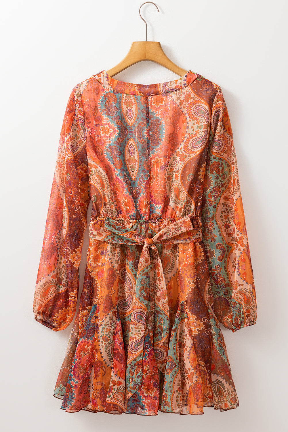Orange Boho Paisley Print Long Sleeve Pleated Belted Mini Dress - Premium Dresses/Mini Dresses from Momma Done Gone Crafty- Just $64.99! Shop now at Momma Done Gone Crafty