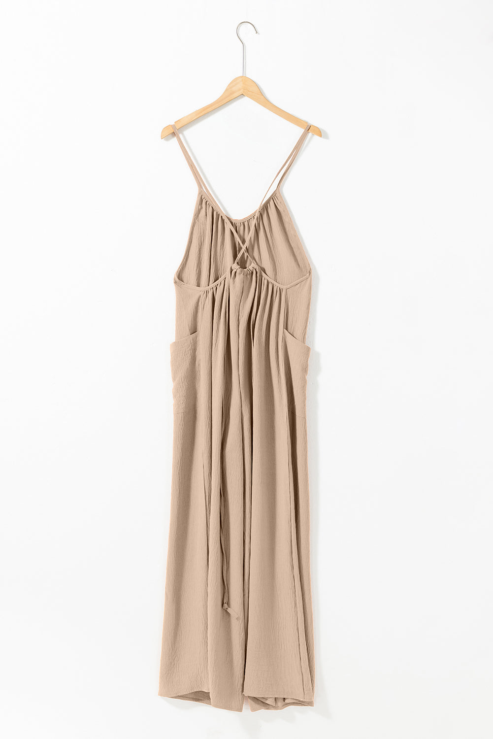 Apricot Spaghetti Straps Waist Tie Wide Leg Jumpsuit with Pockets - Premium Bottoms/Jumpsuits & Rompers from Momma Done Gone Crafty- Just $17.58! Shop now at Momma Done Gone Crafty