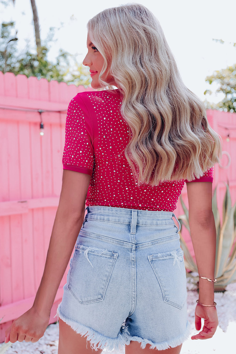 Rose Rhinestone Allover Round Neck Short Sleeve Bodysuit - Premium Tops from Momma Done Gone Crafty- Just $52.20! Shop now at Momma Done Gone Crafty