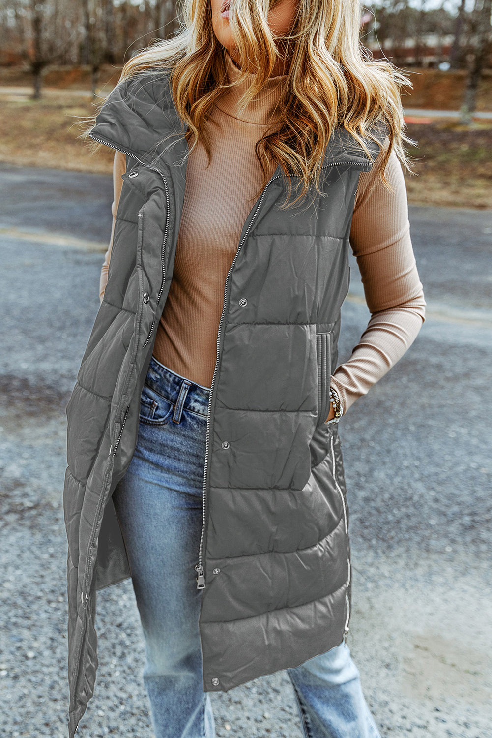 Dark Grey Hooded Long Quilted Vest Coat - Premium Outerwear from Momma Done Gone Crafty- Just $78.99! Shop now at Momma Done Gone Crafty