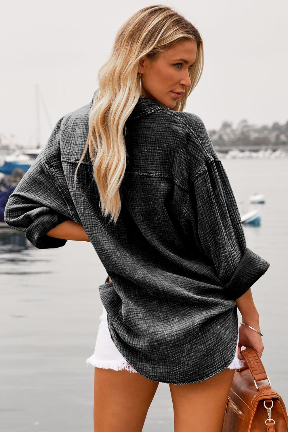 Black Mineral Wash Crinkle Textured Chest Pockets Shirt - Premium Tops from Momma Done Gone Crafty- Just $53.52! Shop now at Momma Done Gone Crafty
