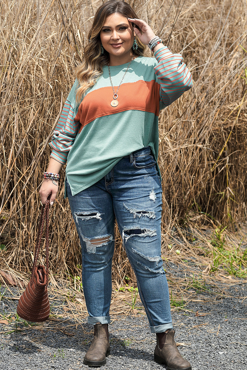 Green Plus Size Striped Long Sleeve Colorblock Tee with Slits - Premium Plus Size from Momma Done Gone Crafty- Just $35.99! Shop now at Momma Done Gone Crafty