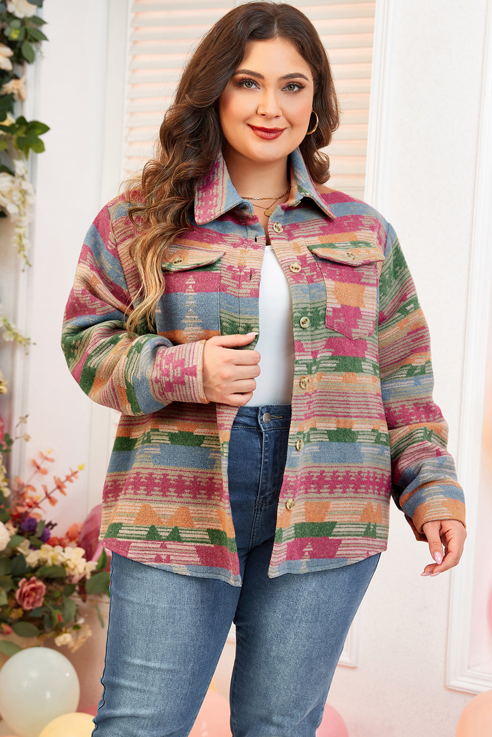 Pink Plus Size Aztec Printed Flap Pocket Shacket - Premium Sale (50% OFF)/30% OFF from Ashes 2 Wildflowers Boutique, LLC- Just $38.90! Shop now at Ashes 2 Wildflowers Boutique, LLC