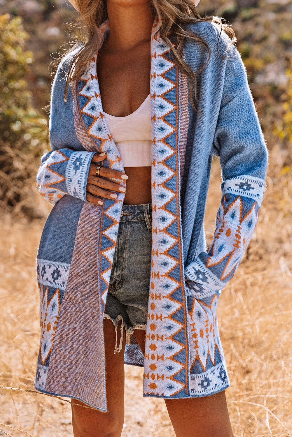 Blue Aztec Print Open Front Knitted Cardigan - Premium Sweaters & Cardigans/Cardigans from Ashes 2 Wildflowers Boutique, LLC- Just $30.97! Shop now at Ashes 2 Wildflowers Boutique, LLC