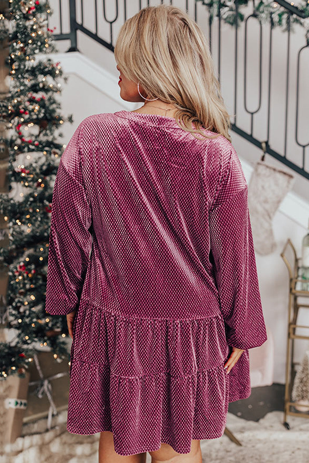 Meadow Mauve Plus Size Textured Velvet Tiered Buttons Tiered Dress - Premium Plus Size/Plus Size Dresses/Plus Size Mini Dresses from Momma Done Gone Crafty- Just $37.80! Shop now at Momma Done Gone Crafty