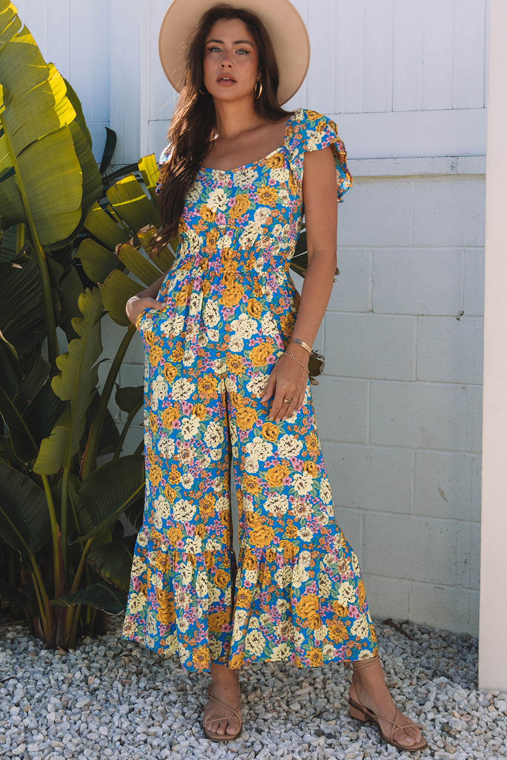 Yellow Floral Allover Print Shirred Cut Out High Waist Jumpsuit - Premium Bottoms/Jumpsuits & Rompers from Ashes 2 Wildflowers Boutique, LLC- Just $35.55! Shop now at Ashes 2 Wildflowers Boutique, LLC