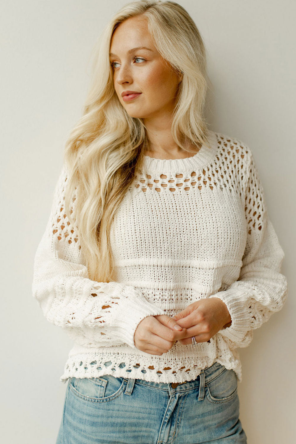 White Solid Color Pointelle Knit Puff Sleeve Sweater - Premium Tops from Momma Done Gone Crafty- Just $40.20! Shop now at Momma Done Gone Crafty