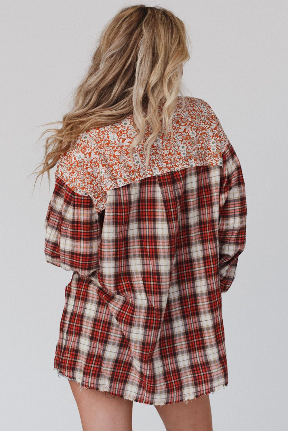 Red Floral Plaid Mixed Print Bishop Sleeve Patchwork Top - Premium Tops from Momma Done Gone Crafty- Just $61.11! Shop now at Momma Done Gone Crafty