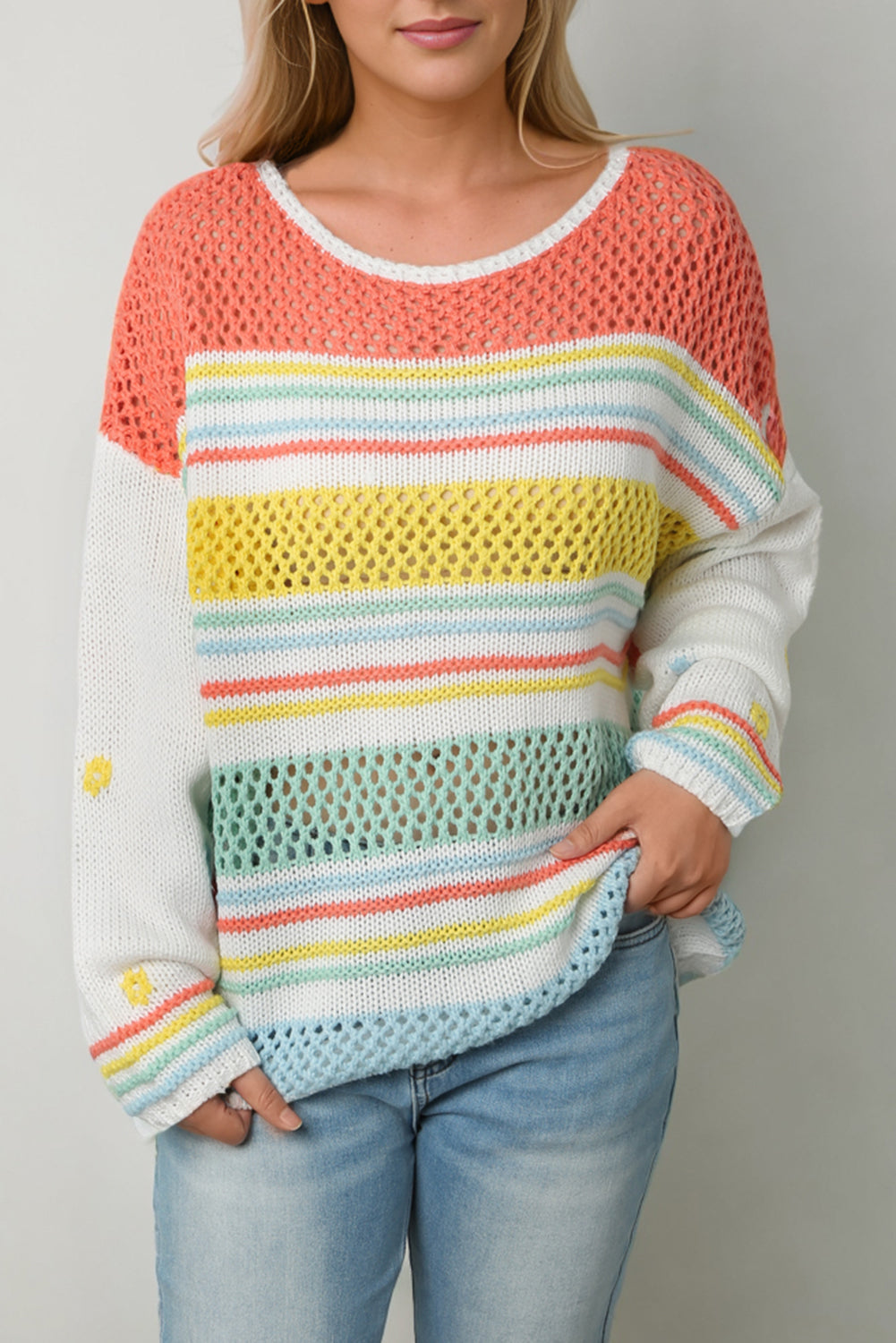 Multicolor Hollow Striped Knit Contrast Sleeve Sweater - Premium Tops from Momma Done Gone Crafty- Just $39.90! Shop now at Momma Done Gone Crafty