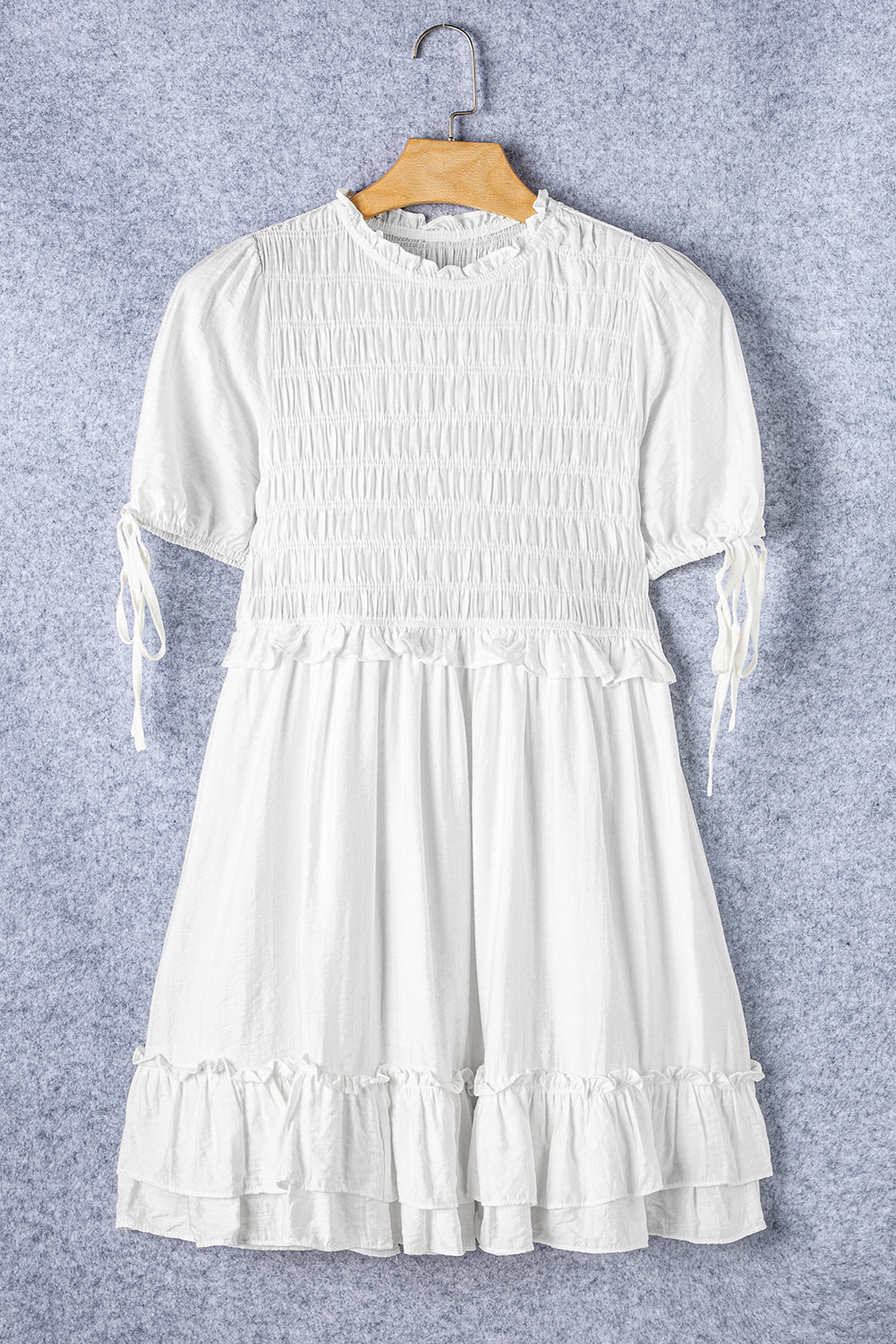 White Tie Short Sleeves Smocked Ruffle Mini Dress - Premium Dresses/Mini Dresses from Momma Done Gone Crafty- Just $42.36! Shop now at Momma Done Gone Crafty