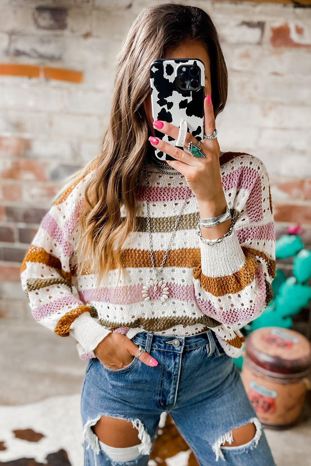 Multicolor Striped Hollowed Knitted Loose Sweater - Premium Tops from Momma Done Gone Crafty- Just $35.40! Shop now at Momma Done Gone Crafty