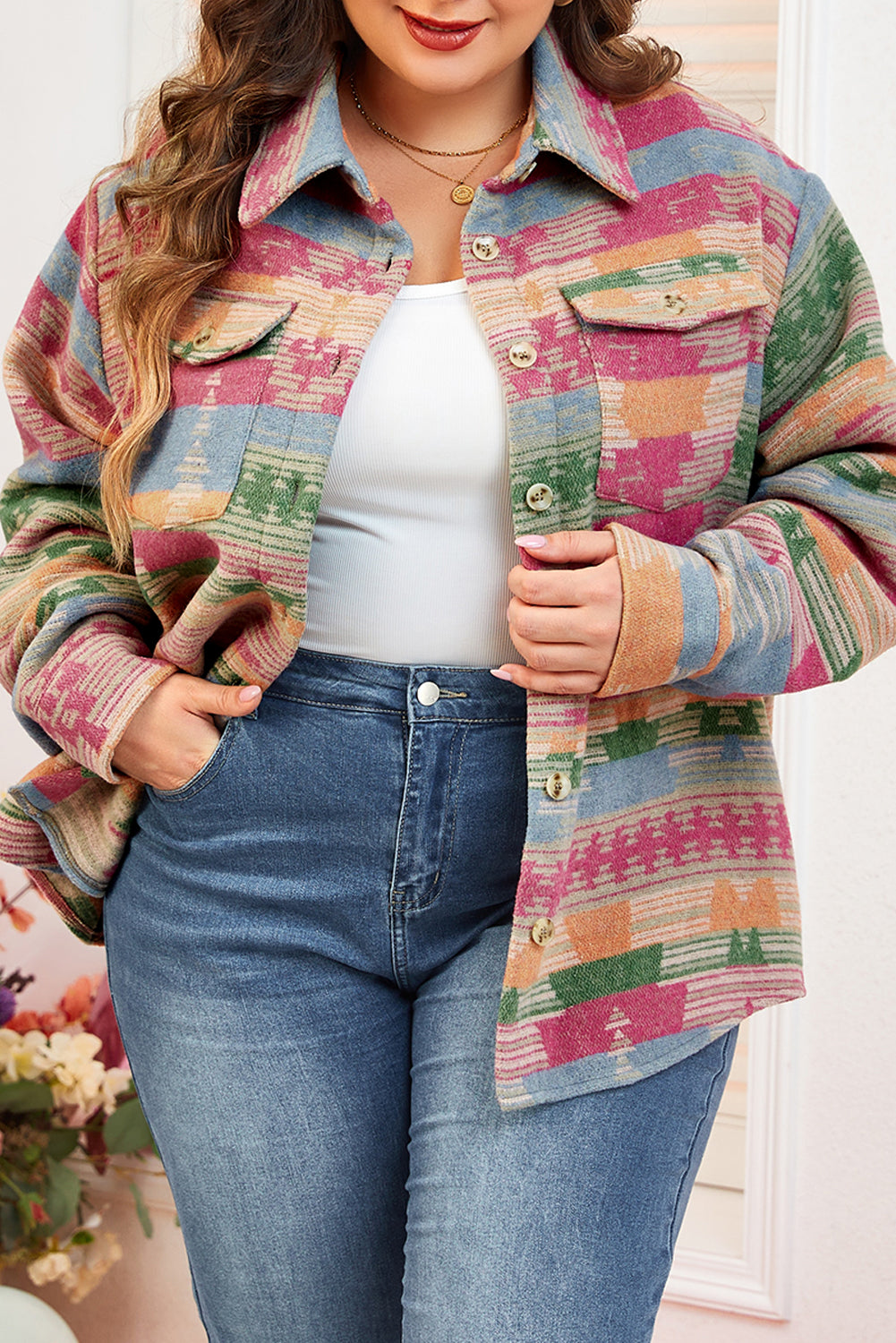 Pink Plus Size Aztec Printed Flap Pocket Shacket - Premium Sale (50% OFF)/30% OFF from Ashes 2 Wildflowers Boutique, LLC- Just $38.90! Shop now at Ashes 2 Wildflowers Boutique, LLC