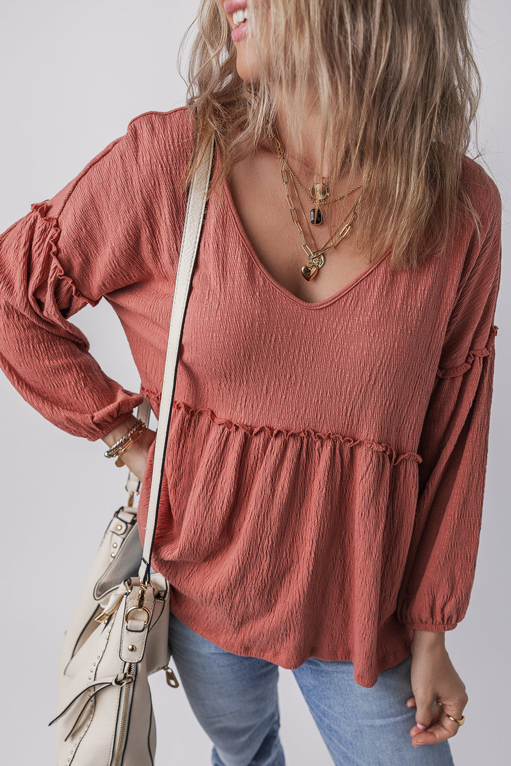 Mineral Red Solid Color Textured Frilled Trim V Neck Puff Sleeve Blouse - Premium Tops/Blouses & Shirts from Ashes 2 Wildflowers Boutique, LLC- Just $20.35! Shop now at Ashes 2 Wildflowers Boutique, LLC