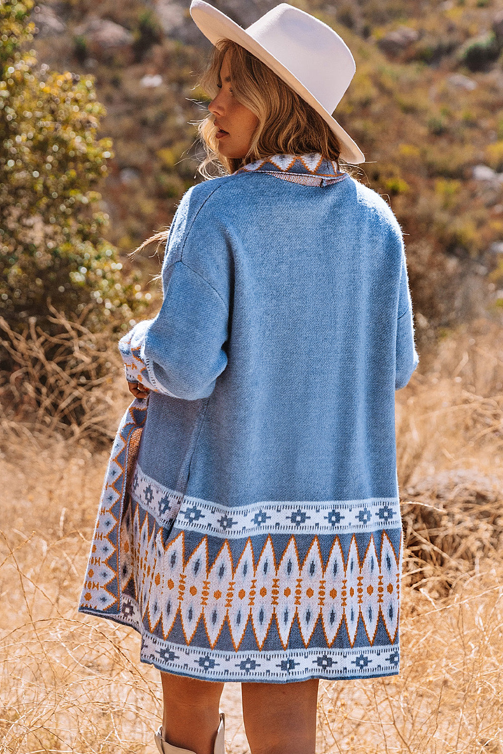 Blue Aztec Print Open Front Knitted Cardigan - Premium Sweaters & Cardigans/Cardigans from Ashes 2 Wildflowers Boutique, LLC- Just $30.97! Shop now at Ashes 2 Wildflowers Boutique, LLC