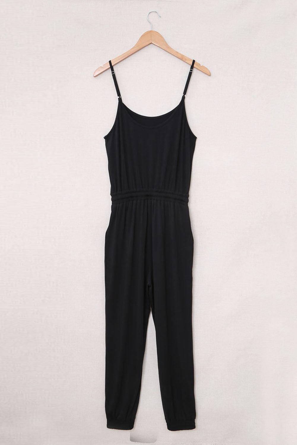 Black Drawstring Waist Spaghetti Straps Jumpsuit - Premium Bottoms from Momma Done Gone Crafty- Just $58.20! Shop now at Momma Done Gone Crafty
