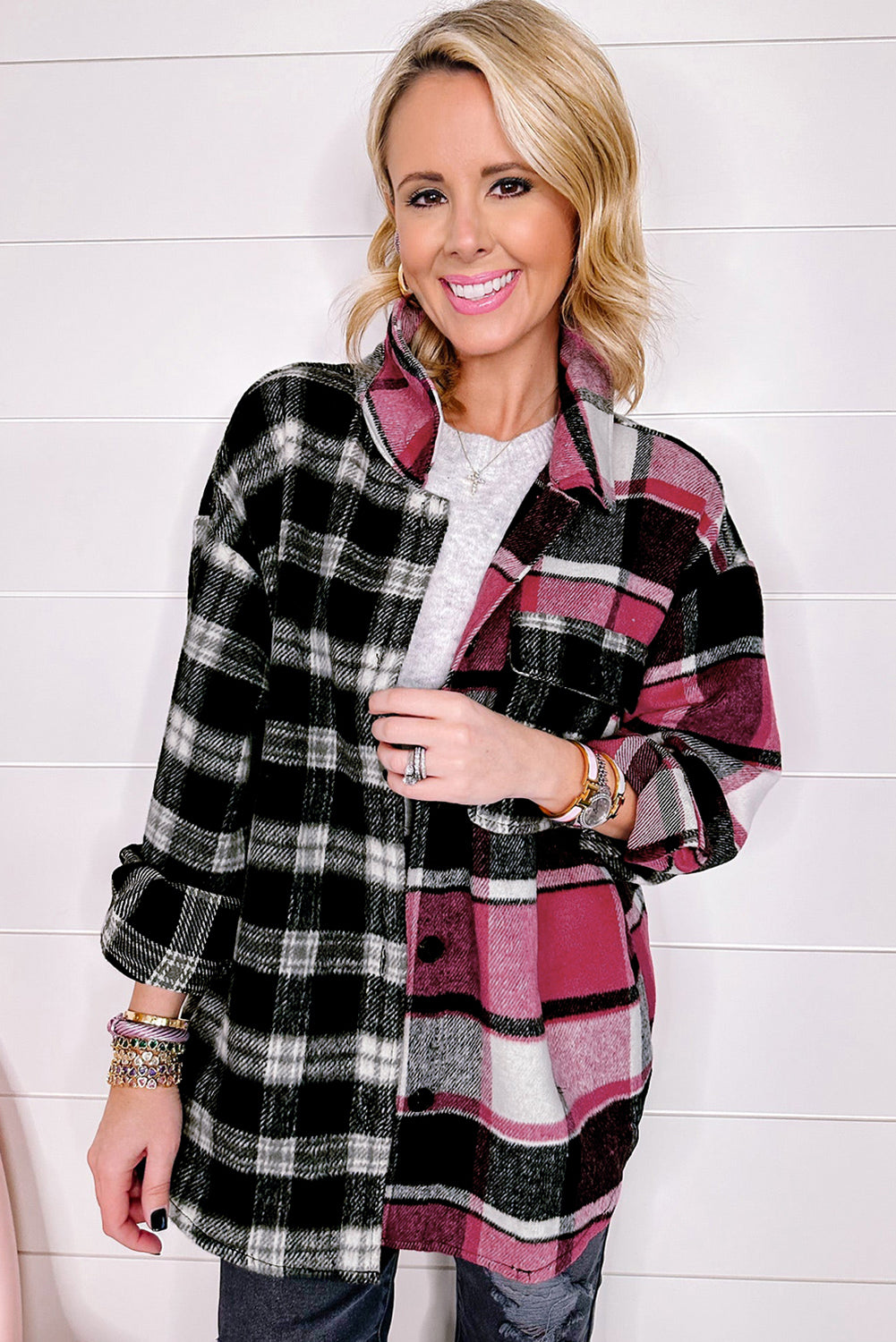 Black Plaid Colorblock Loose Shacket - Premium Outerwear/Plaid Shackets from Momma Done Gone Crafty- Just $46.99! Shop now at Momma Done Gone Crafty
