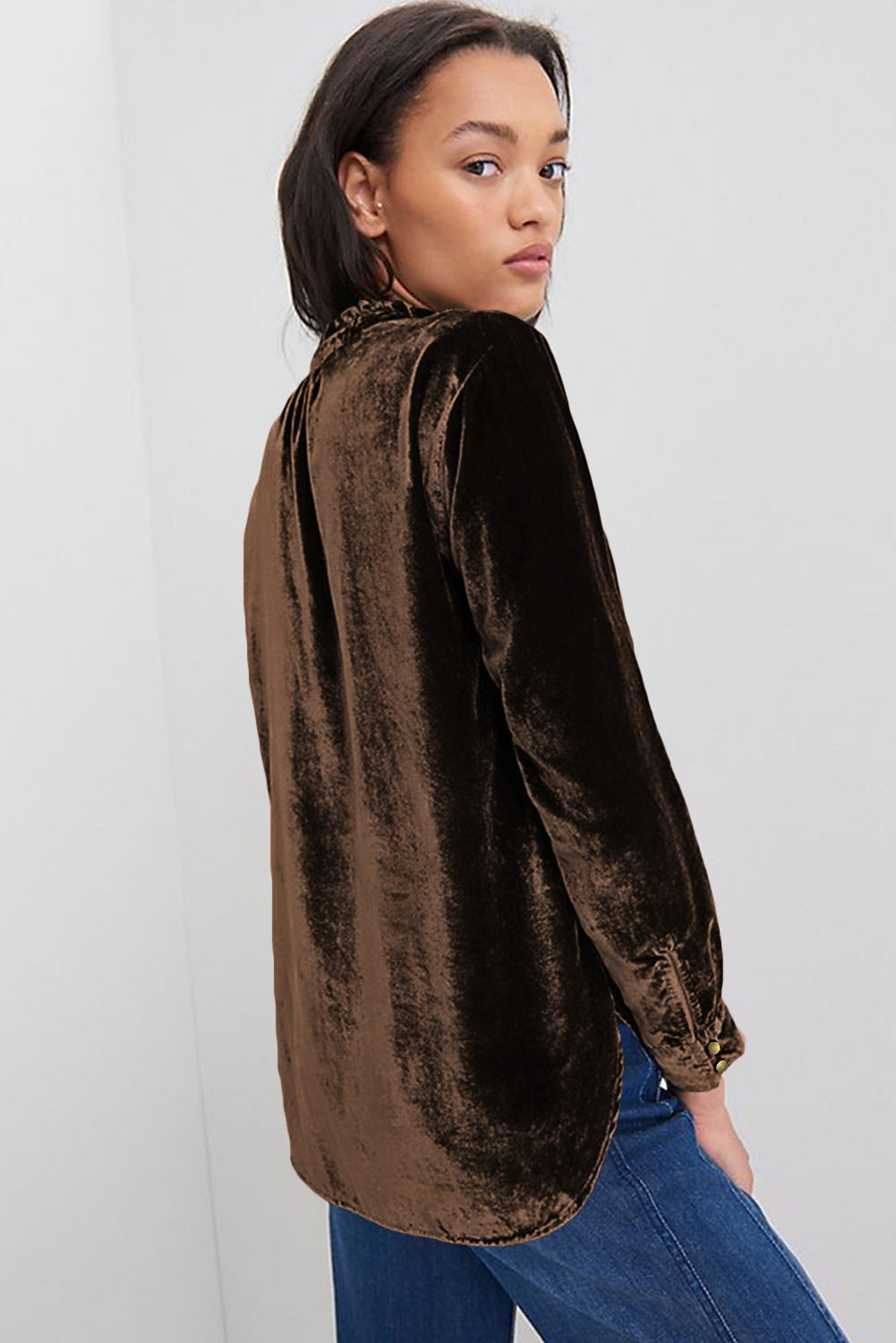 Desert Palm Frilled Neck Buttoned Front Velvet Top - Premium Tops from Momma Done Gone Crafty- Just $40.11! Shop now at Momma Done Gone Crafty