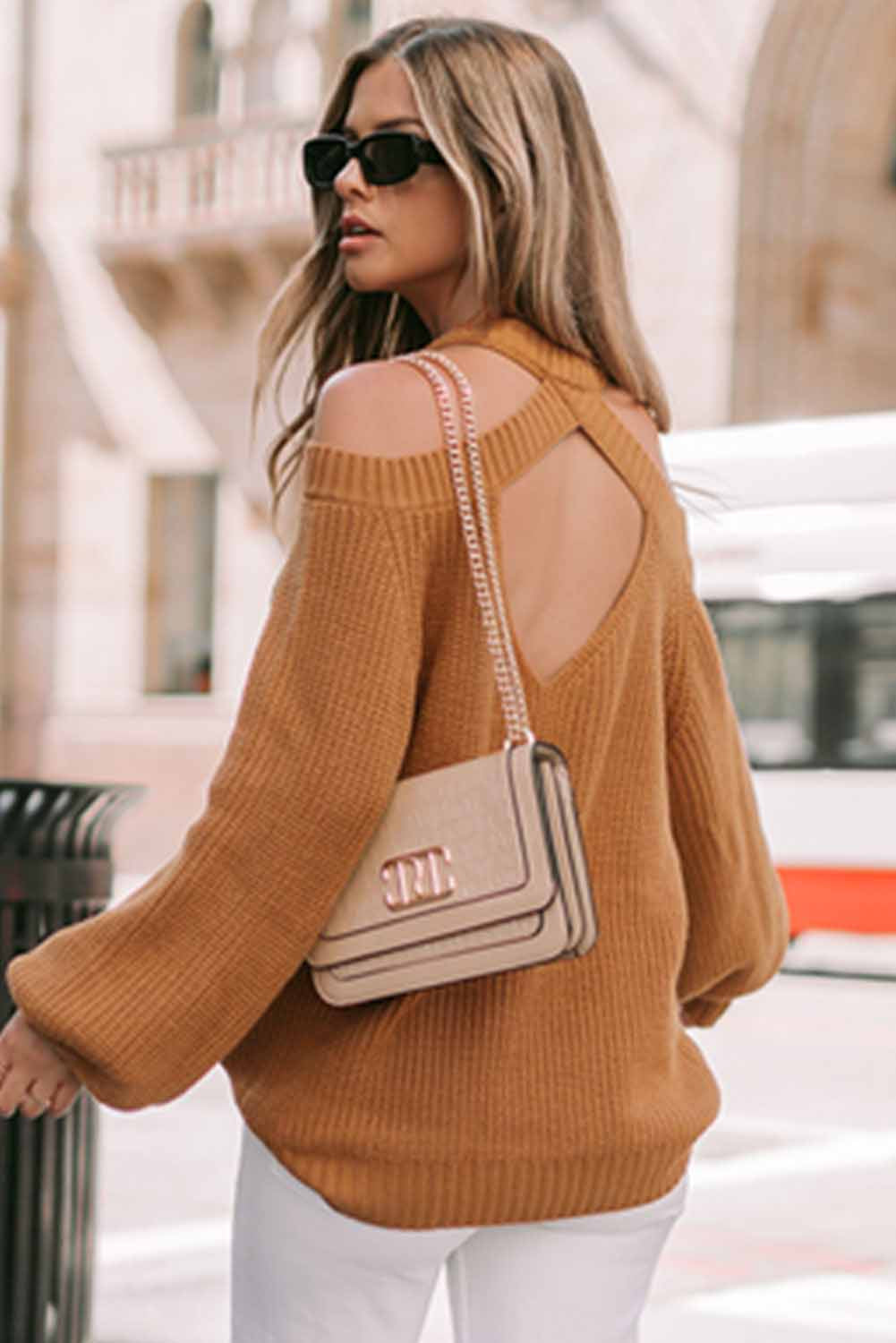 Brown Crew Neck Cold Shoulder Hollow-out Back Sweater - Premium Tops from Momma Done Gone Crafty- Just $58.80! Shop now at Momma Done Gone Crafty