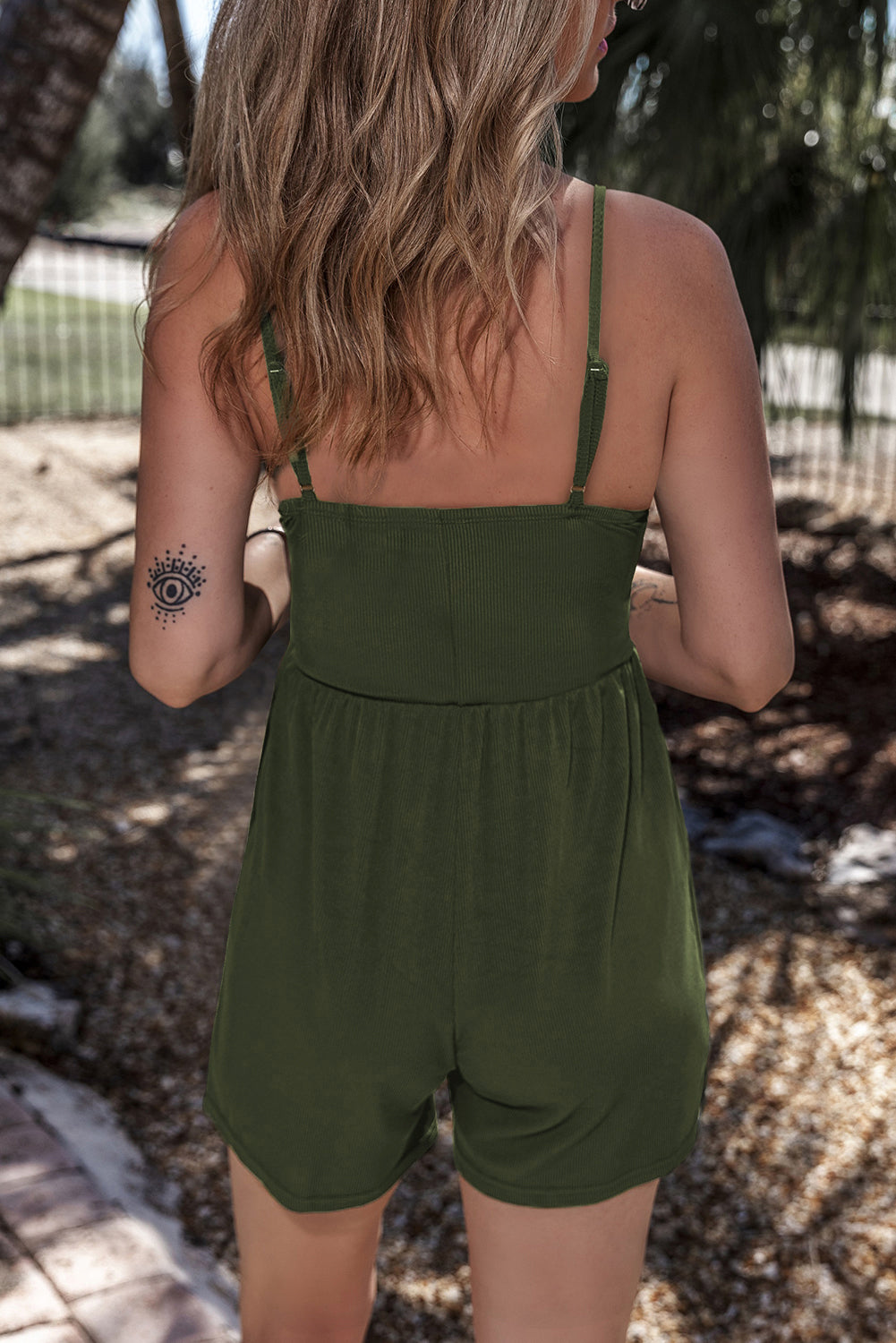 Moss Green Spaghetti Straps Cinched Waist Ribbed Romper - Premium Bottoms/Jumpsuits & Rompers from Momma Done Gone Crafty- Just $16.95! Shop now at Momma Done Gone Crafty
