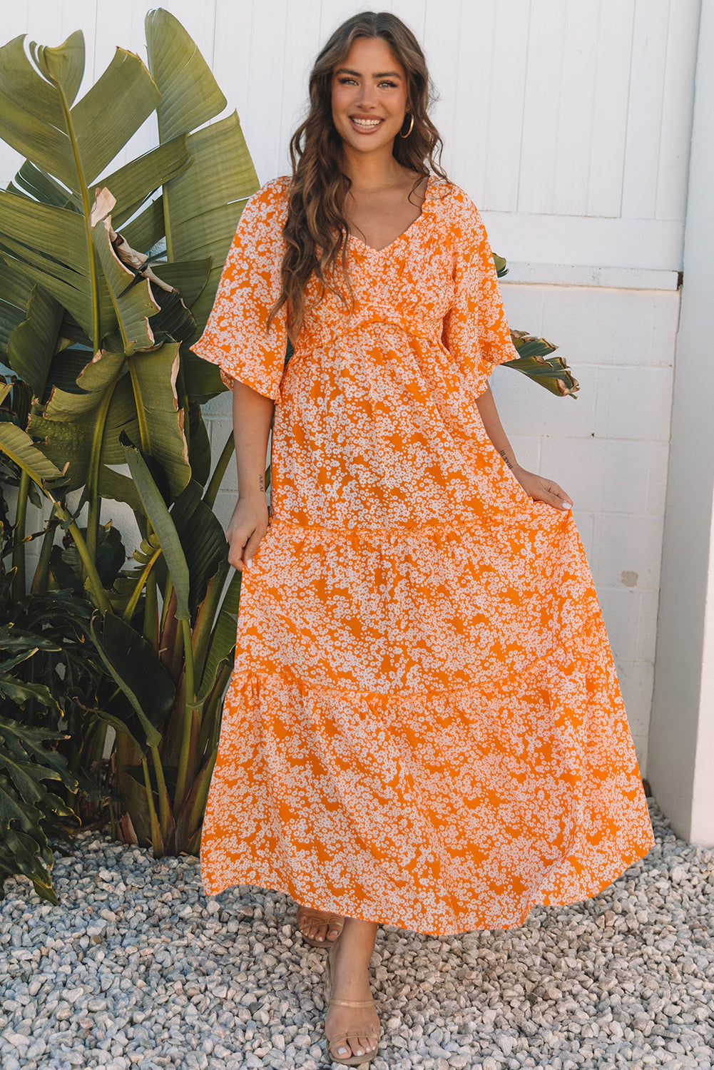 Orange Floral Print Smocked V Neck Wide Sleeve Maxi Dress - Premium Dresses/Floral Dresses from Momma Done Gone Crafty- Just $55.99! Shop now at Momma Done Gone Crafty
