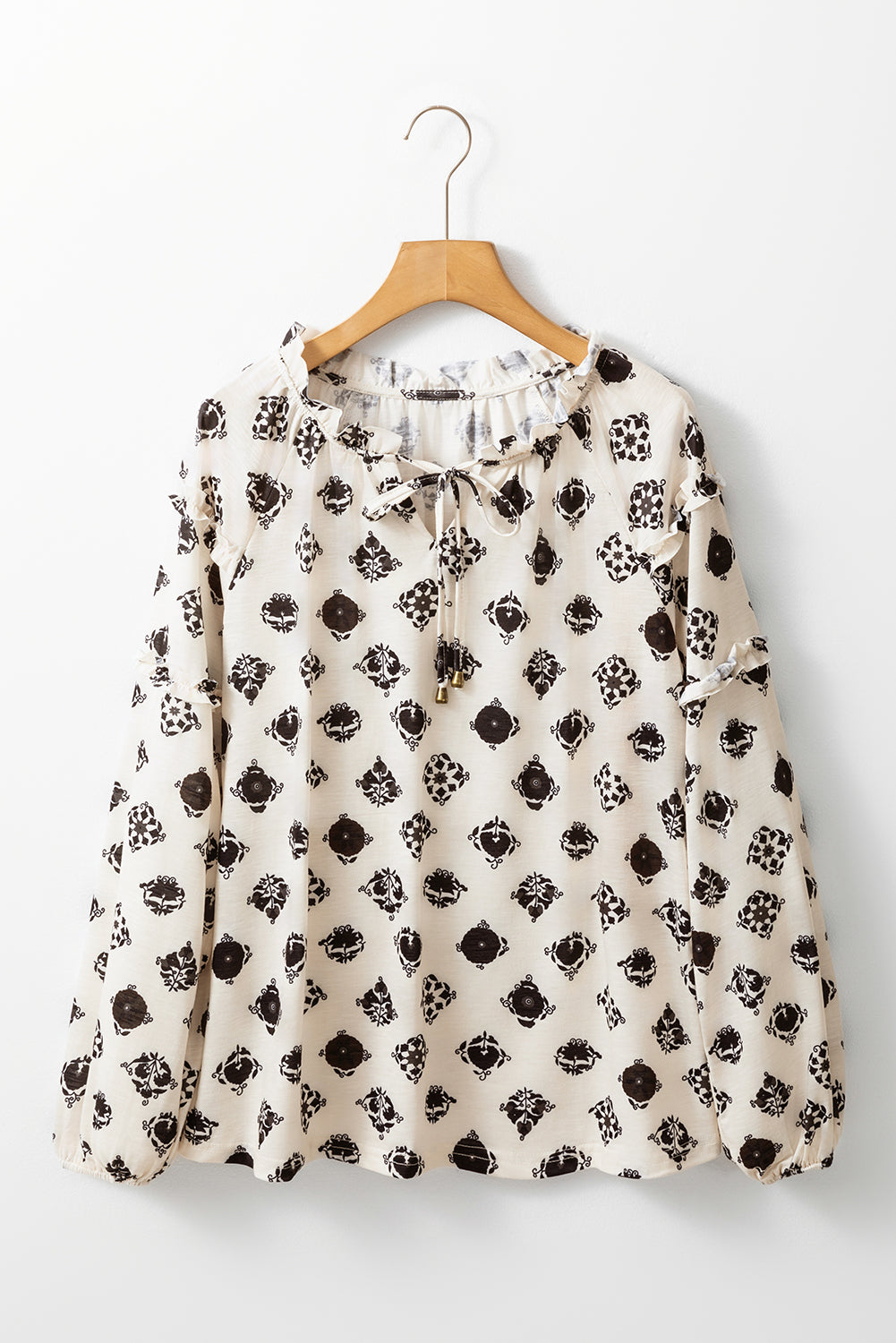 White Printed Split Neck Bubble Sleeve Loose Blouse - Premium Tops/Blouses & Shirts from Ashes 2 Wildflowers Boutique, LLC- Just $19.38! Shop now at Ashes 2 Wildflowers Boutique, LLC
