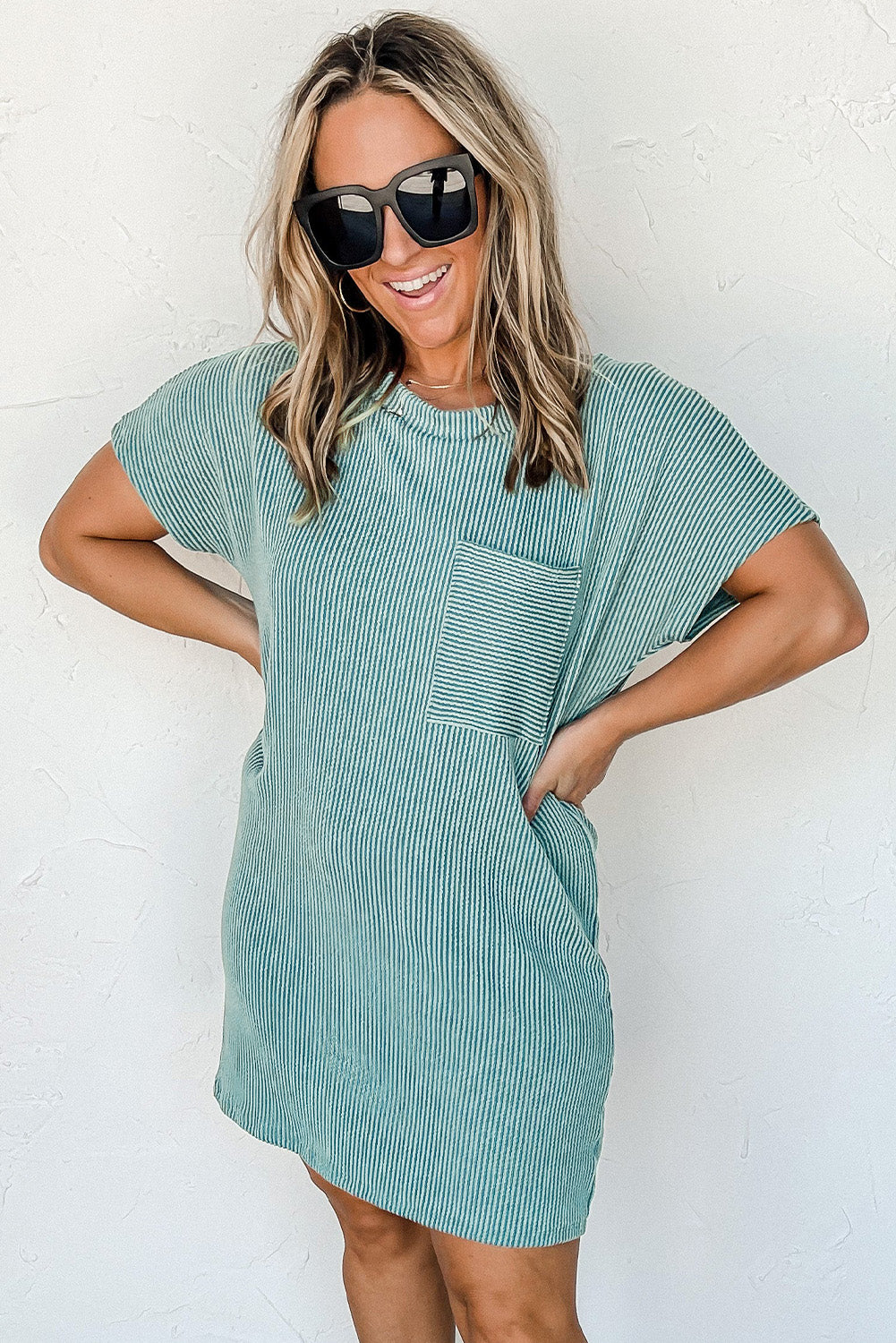 Blue Striped Ribbed Knit T-shirt Shift Dress - Premium Dresses/T Shirt Dresses from Ashes 2 Wildflowers Boutique, LLC- Just $39.99! Shop now at Ashes 2 Wildflowers Boutique, LLC