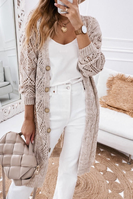 Khaki Hollow-out Openwork Knit Cardigan - Premium Tops from Momma Done Gone Crafty- Just $49.99! Shop now at Momma Done Gone Crafty