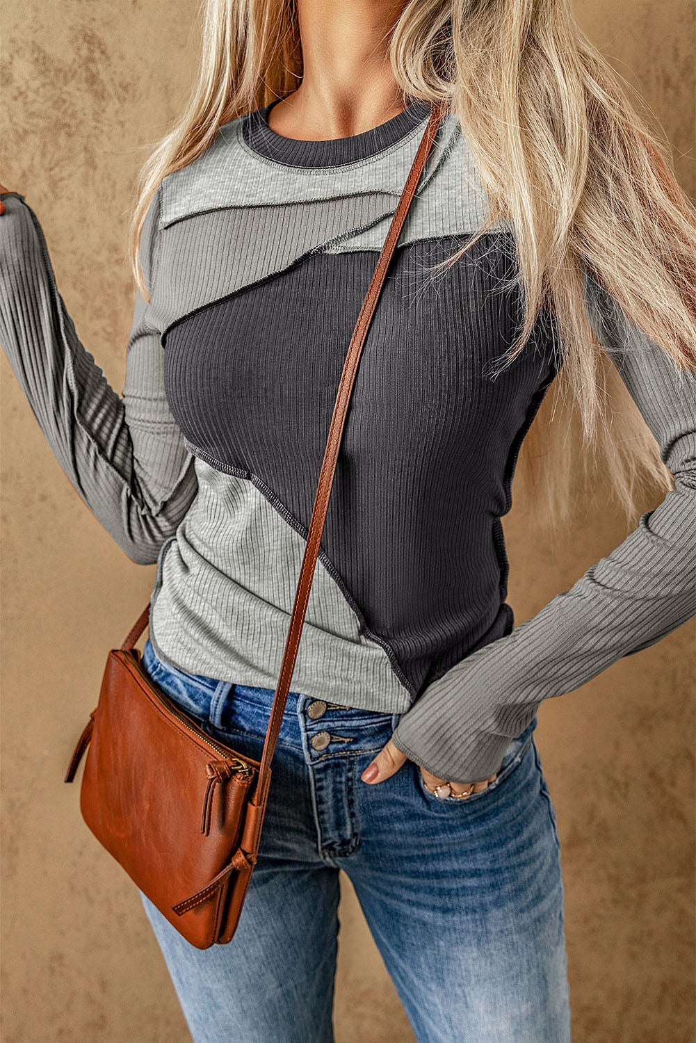 Gray Expose Seam Color Block Ribbed Knit Top - Premium Tops from Momma Done Gone Crafty- Just $44.10! Shop now at Momma Done Gone Crafty