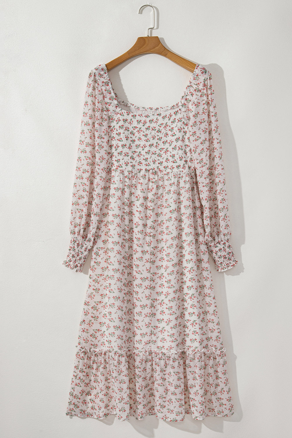 White Floral Print Shirred Ruffled Hem Square Neck Midi Dress - Premium Dresses/Floral Dresses from Ashes 2 Wildflowers Boutique, LLC- Just $38.53! Shop now at Ashes 2 Wildflowers Boutique, LLC