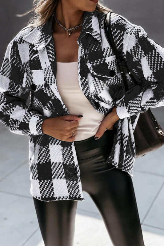 Black Plaid Textured Flap Pocket Shacket - Premium Outerwear from Momma Done Gone Crafty- Just $55.99! Shop now at Momma Done Gone Crafty