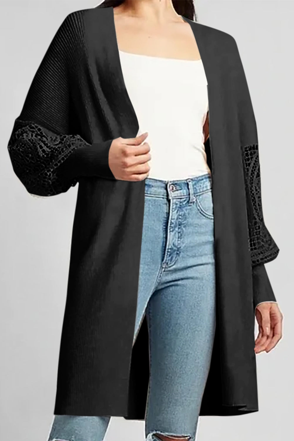 Black Crochet Lace Sleeve Ribbed Knit Cardigan - Premium Tops from Momma Done Gone Crafty- Just $50.40! Shop now at Momma Done Gone Crafty