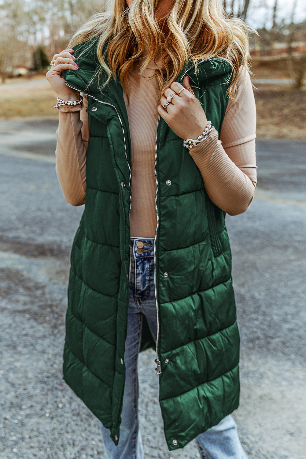 Green Hooded Long Quilted Vest Coat - Premium Outerwear from Momma Done Gone Crafty- Just $90.72! Shop now at Momma Done Gone Crafty