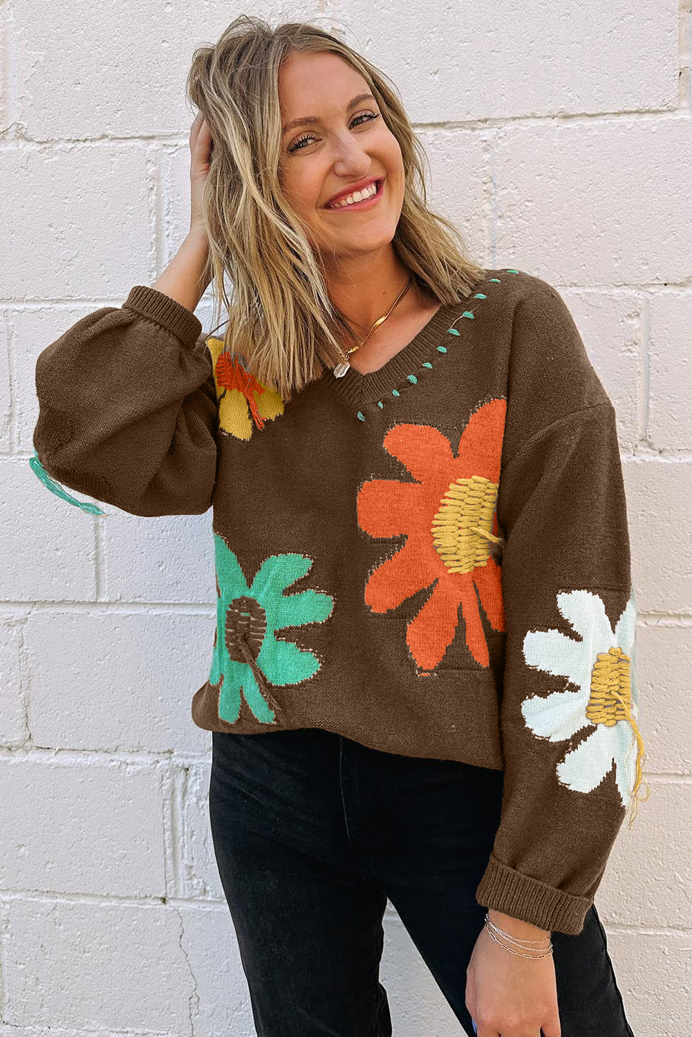Coffee Big Flower Pattern V Neck Drop Shoulder Sweater - Premium Sweaters & Cardigans/Sweaters from Ashes 2 Wildflowers Boutique, LLC- Just $39.28! Shop now at Ashes 2 Wildflowers Boutique, LLC