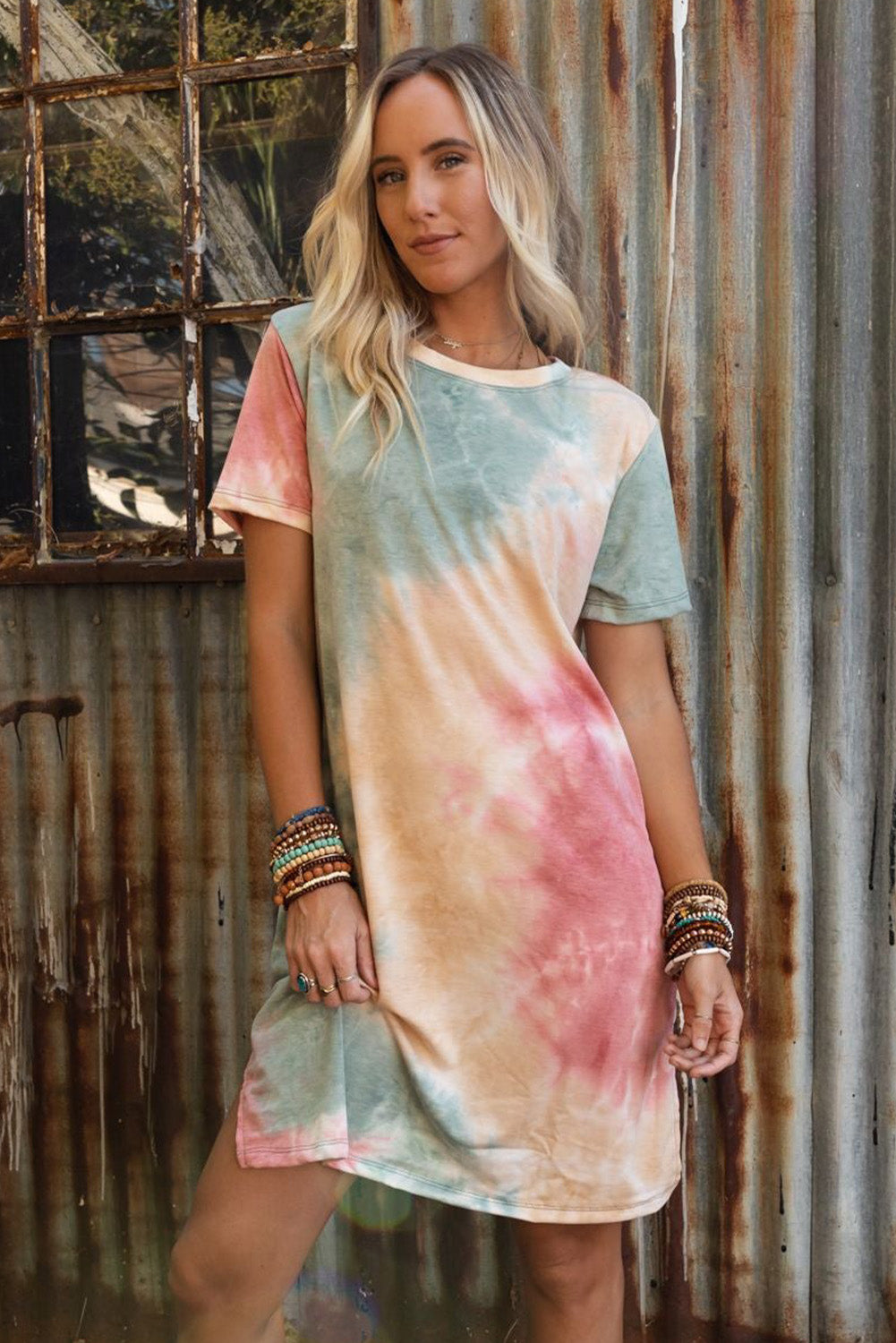 Multicolor Tie Dye Oversized Slit Tee Dress - Premium Dresses from Momma Done Gone Crafty- Just $47.10! Shop now at Momma Done Gone Crafty