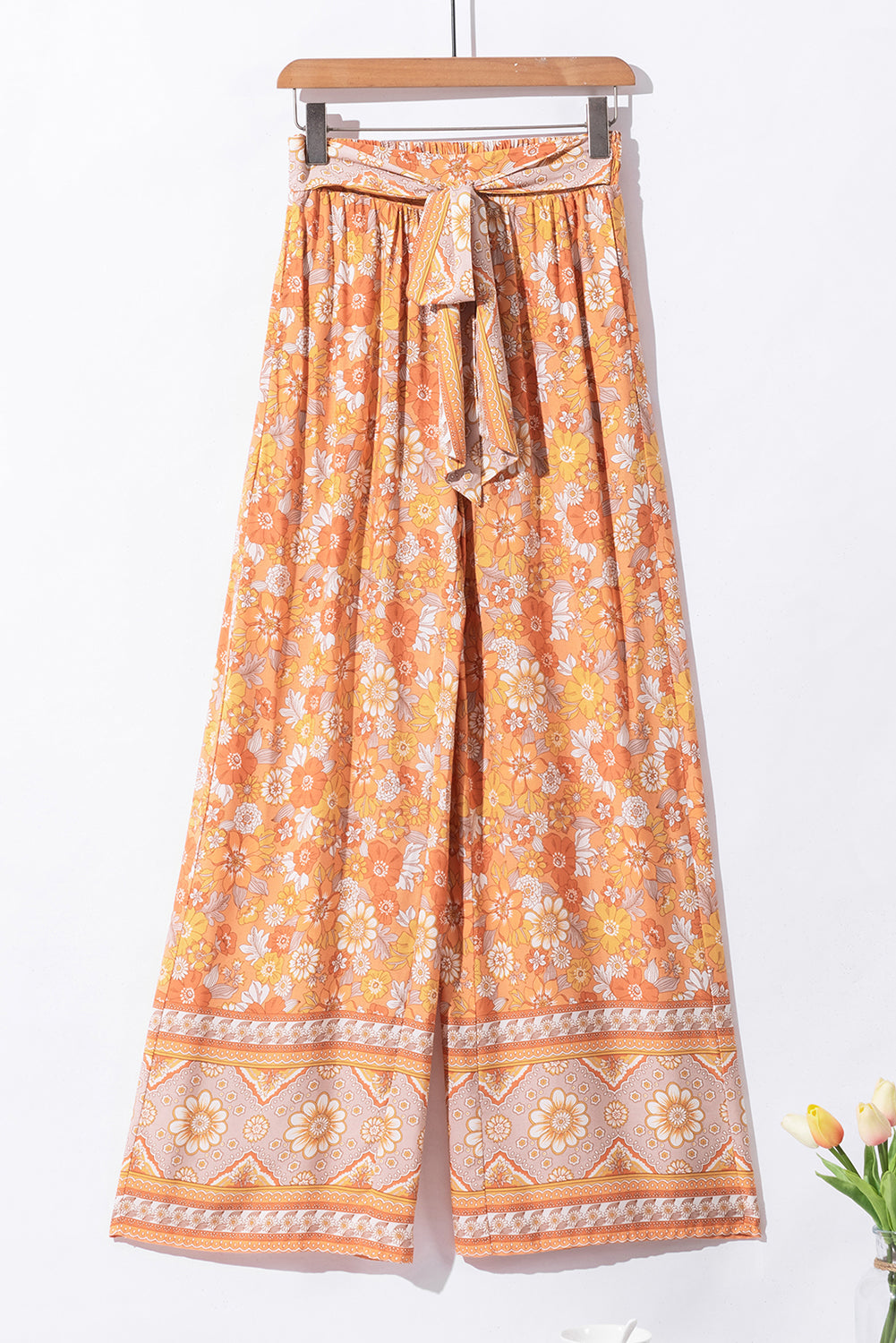 Grapefruit Orange Tie Waist Boho Floral Wide Leg Pants - Premium Bottoms from Momma Done Gone Crafty- Just $36.27! Shop now at Momma Done Gone Crafty