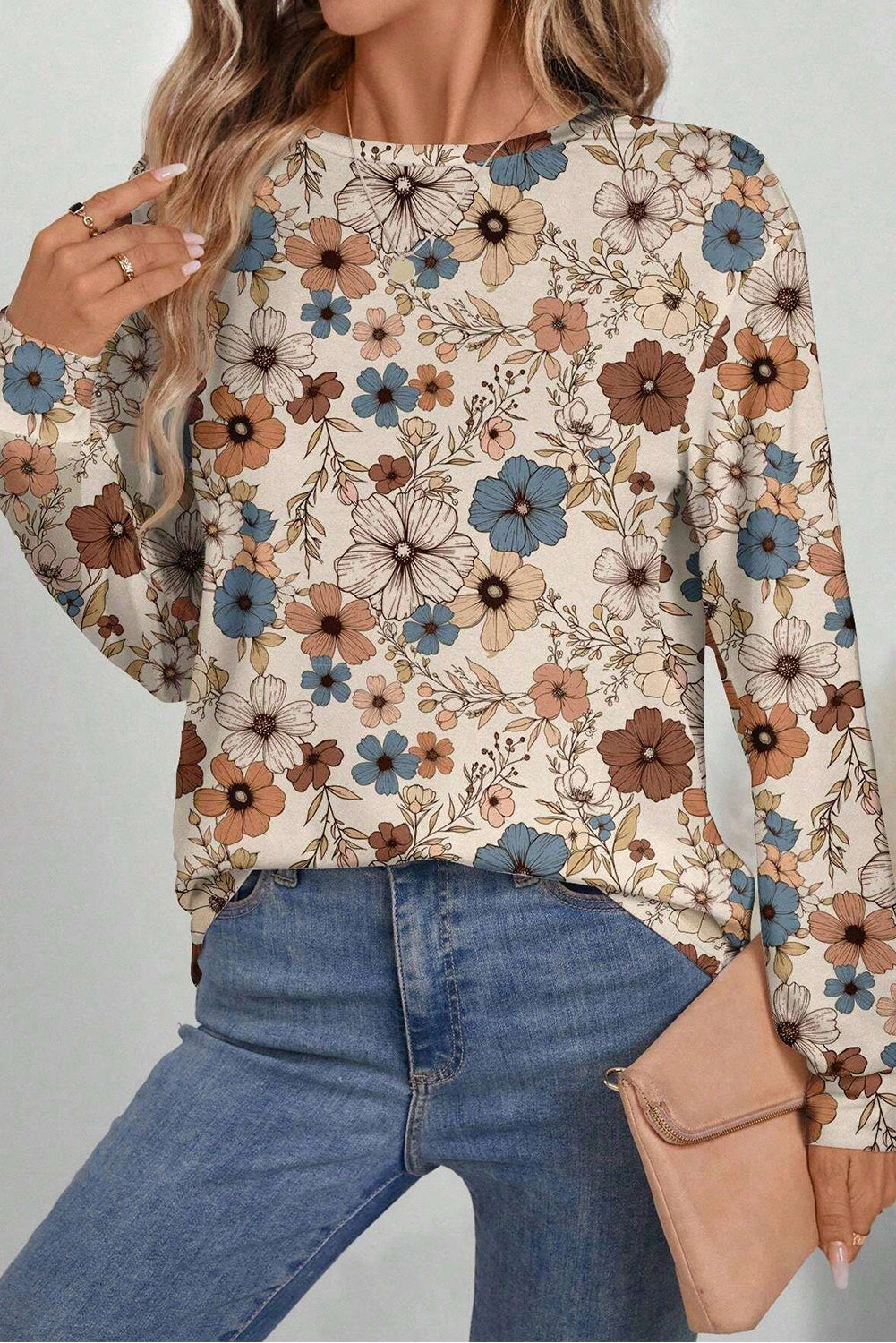 Khaki Floral Print Loose Crew Neck Long Sleeve T Shirt - Premium Tops/Long Sleeve Tops from Ashes 2 Wildflowers Boutique, LLC- Just $25.70! Shop now at Ashes 2 Wildflowers Boutique, LLC