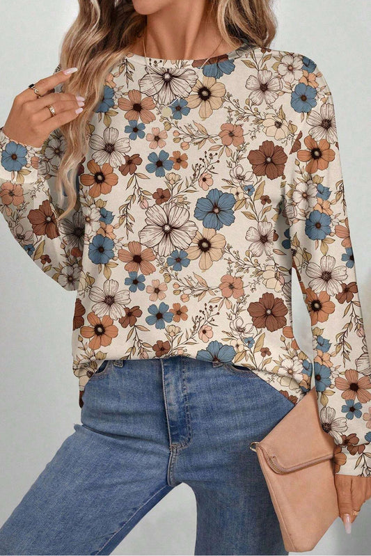 Khaki Floral Print Loose Crew Neck Long Sleeve T Shirt - Premium Tops/Long Sleeve Tops from Ashes 2 Wildflowers Boutique, LLC- Just $25.70! Shop now at Ashes 2 Wildflowers Boutique, LLC