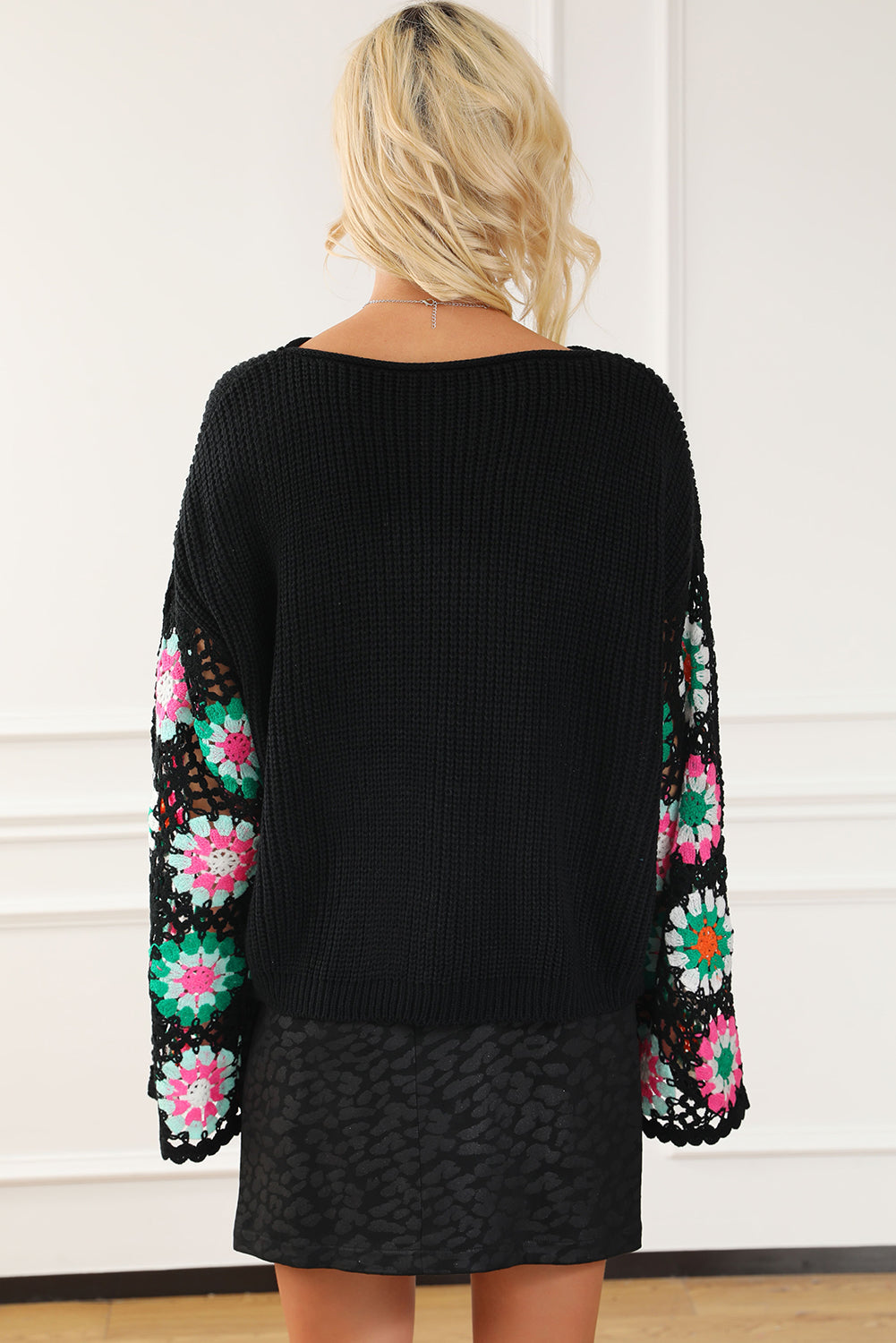 Black Floral Crochet Bell Sleeve Loose Sweater - Premium Tops from Momma Done Gone Crafty- Just $52.99! Shop now at Momma Done Gone Crafty