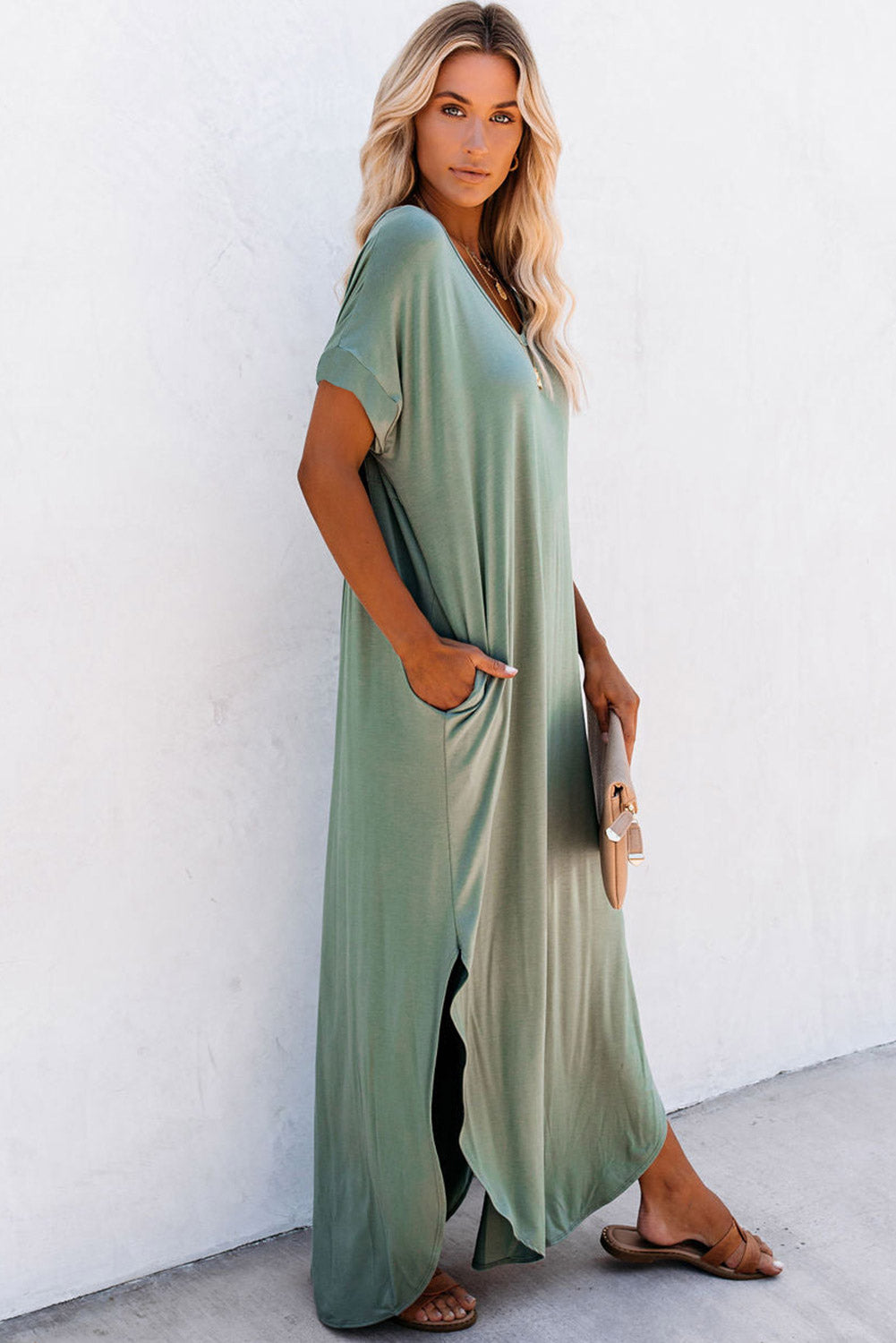 Grass Green V Neck Hidden Pocket Splits Maxi T-shirt Dress - Premium Dresses/T Shirt Dresses from Ashes 2 Wildflowers Boutique, LLC- Just $20.31! Shop now at Ashes 2 Wildflowers Boutique, LLC